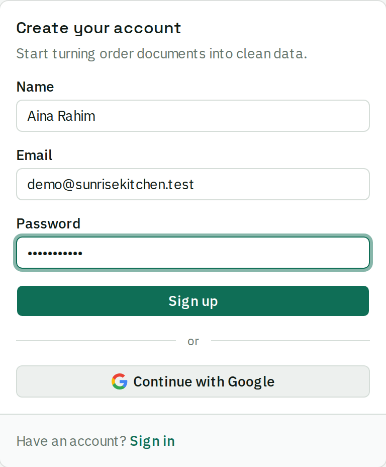The beres sign-up card with Name, Email and Password filled in, a Sign up button, and a Continue with Google option beneath it.
