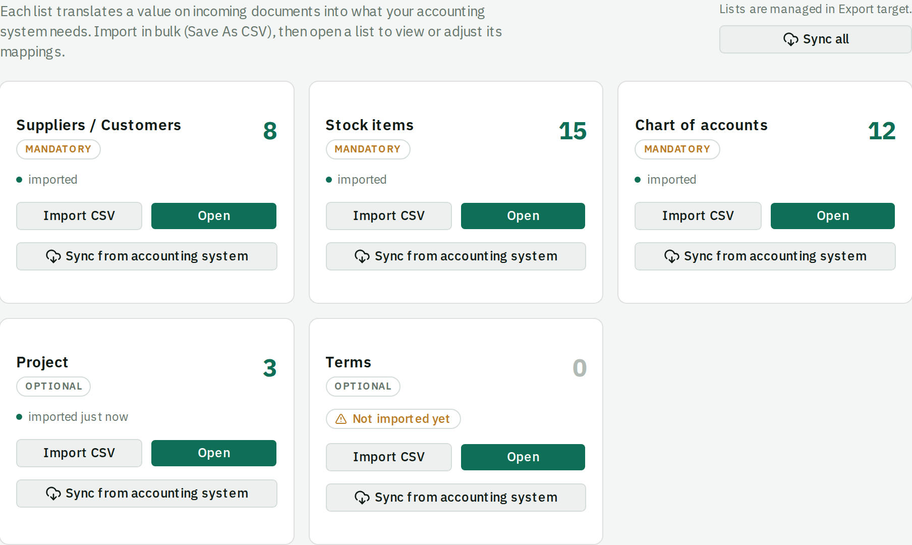 The Master data panel with cards for Suppliers and Customers, Stock items and Chart of accounts, each showing a row count and an Open button.
