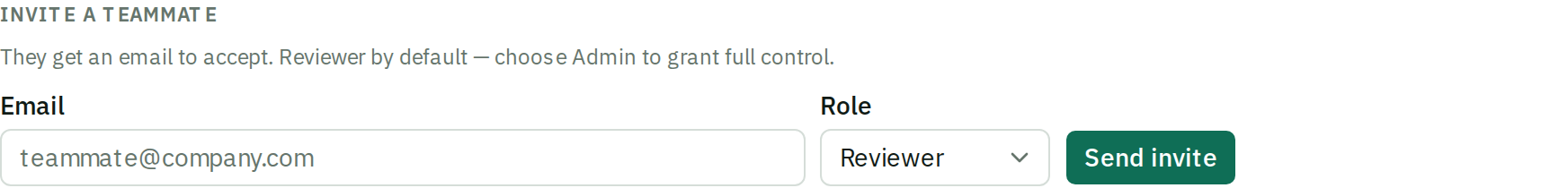 The Invite a teammate form with an email field, a Role dropdown showing Reviewer, and a Send invite button.