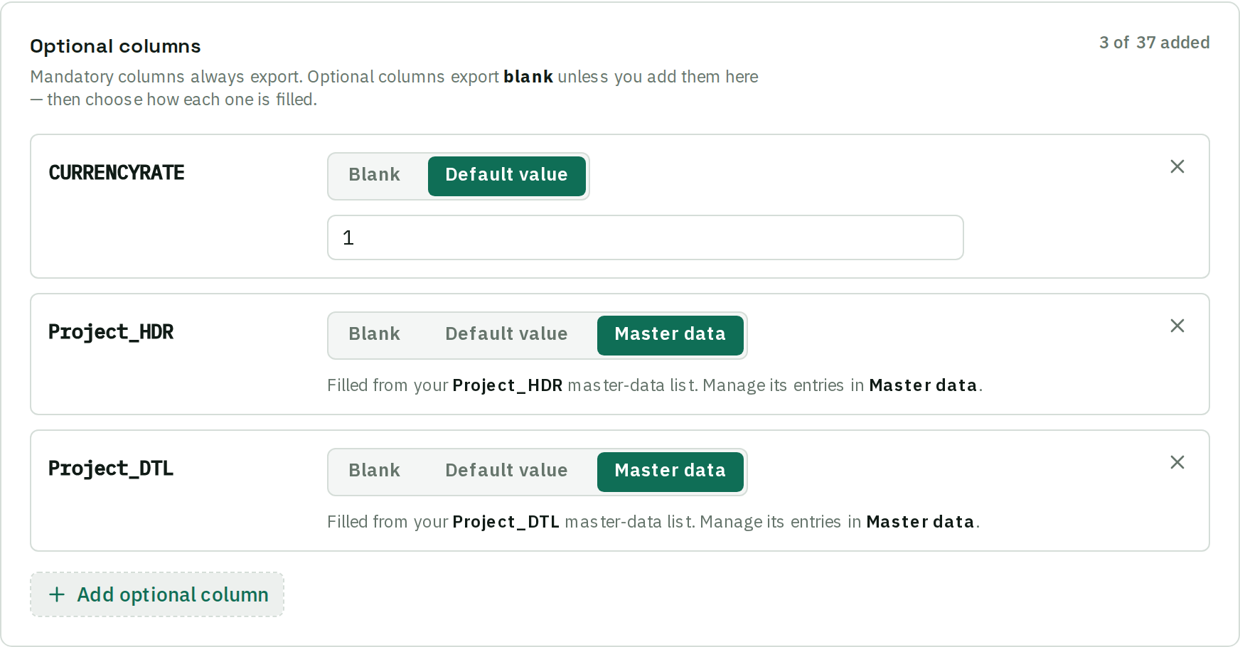 The Optional columns panel reading 3 of 37 added, with rows for CURRENCYRATE, Project_HDR and Project_DTL, and an Add optional column button.