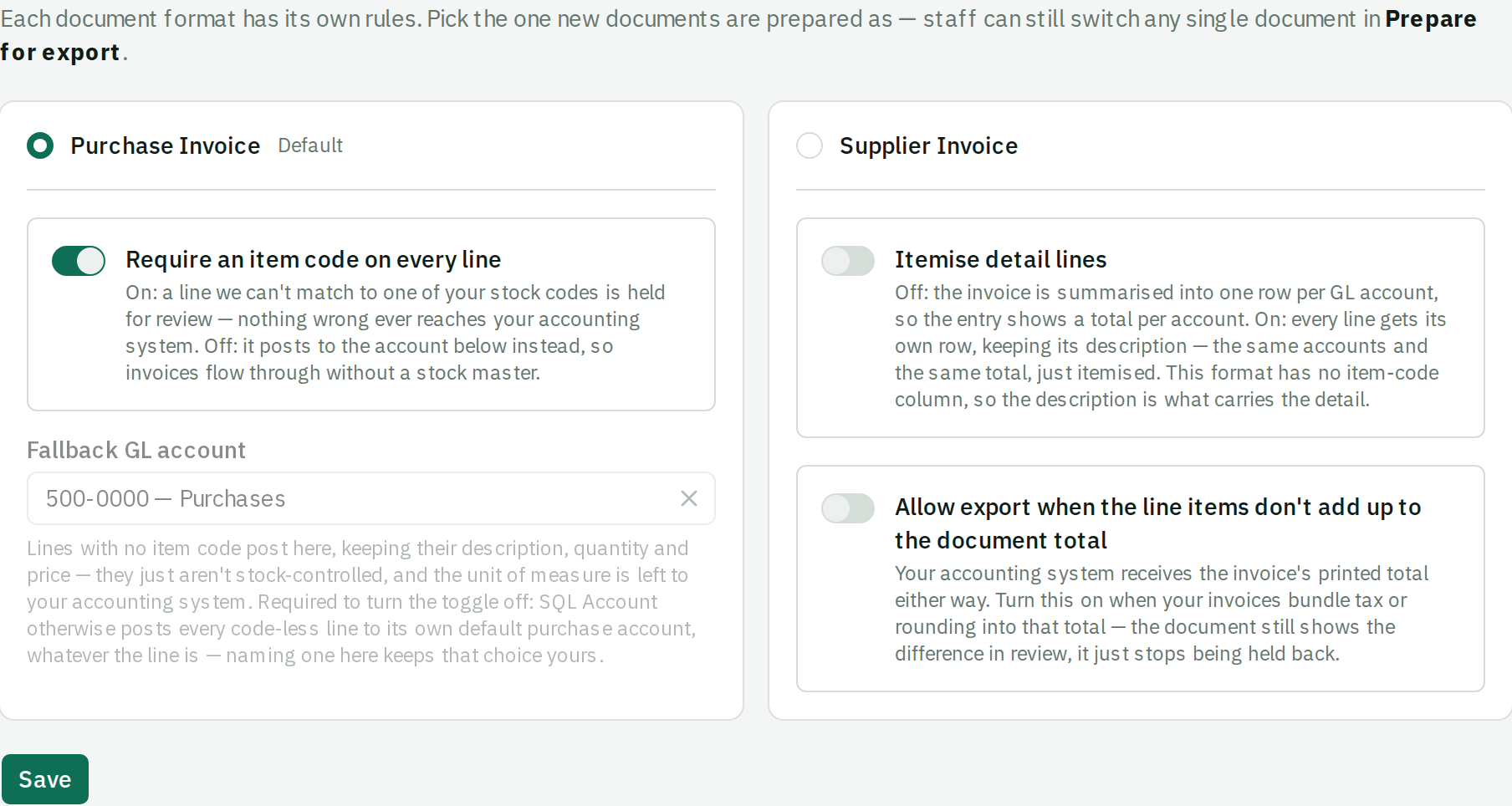 The Workflow panel: a Purchase Invoice card marked Default with the Require an item code toggle on and a Fallback GL account picker, beside a Supplier Invoice card with Itemise detail lines and the total-mismatch toggle.