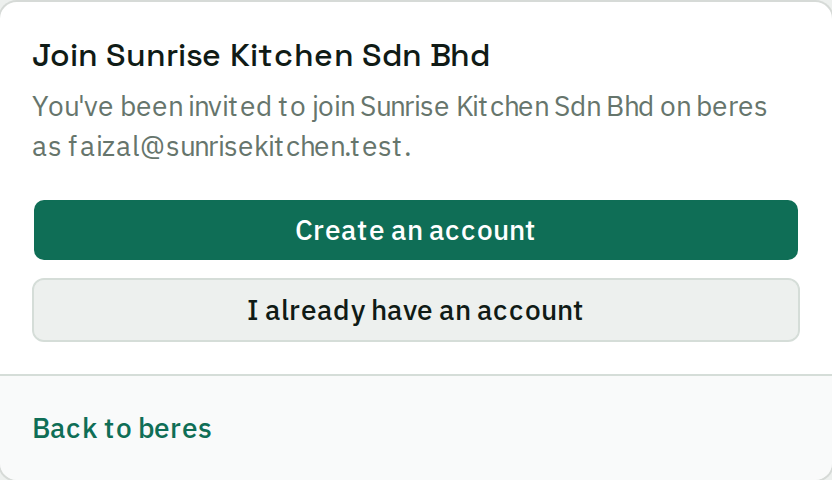 An invitation card headed Join Sunrise Kitchen Sdn Bhd, naming the invited email address, with buttons to create an account or sign in.