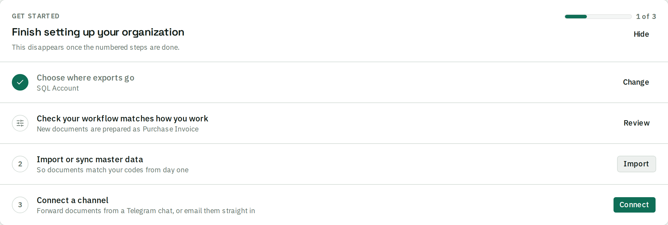 The Home setup checklist reading 1 of 3, with Choose where exports go ticked, an unnumbered Check your workflow row, then numbered steps for master data and connecting a channel.