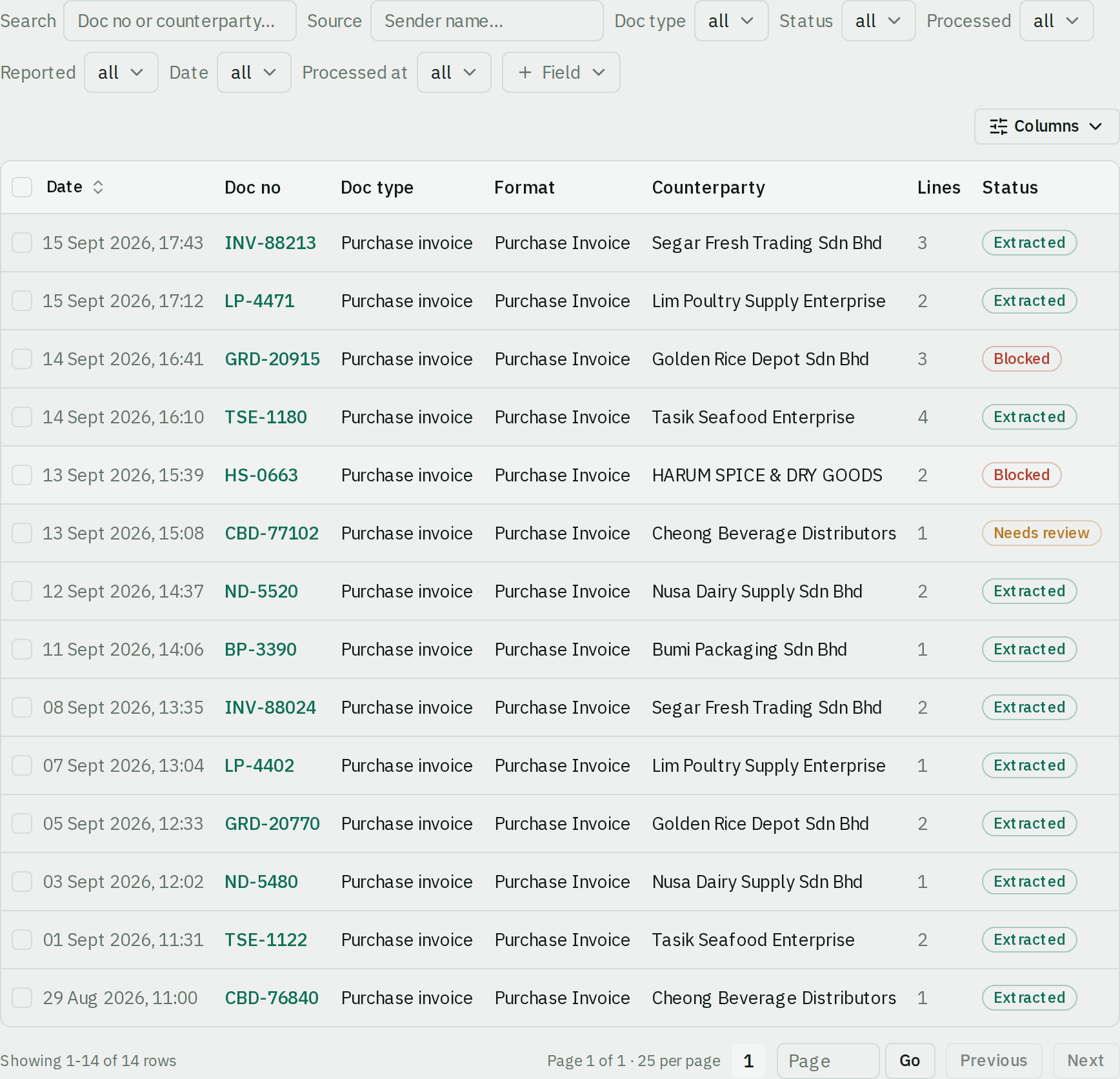 The Documents table listing every document with its date, number, supplier, line count and status.