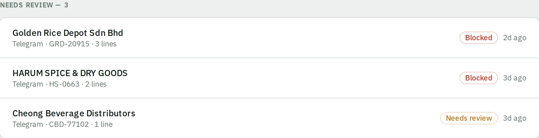 The Inbox showing a Needs review section with a count, listing documents by supplier and document number.