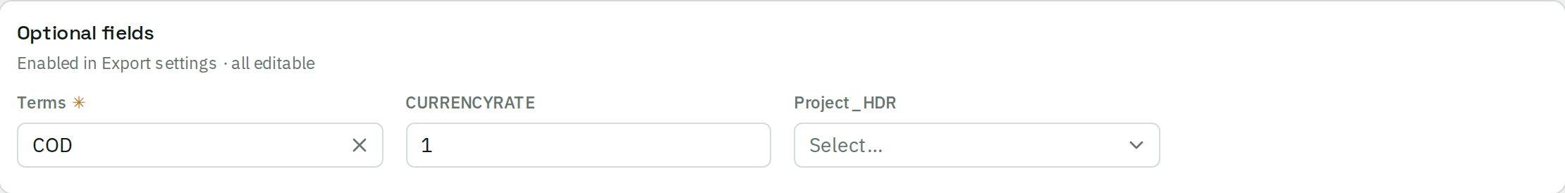 The Optional fields tab showing the document-level export fields for this format, each with its own picker.