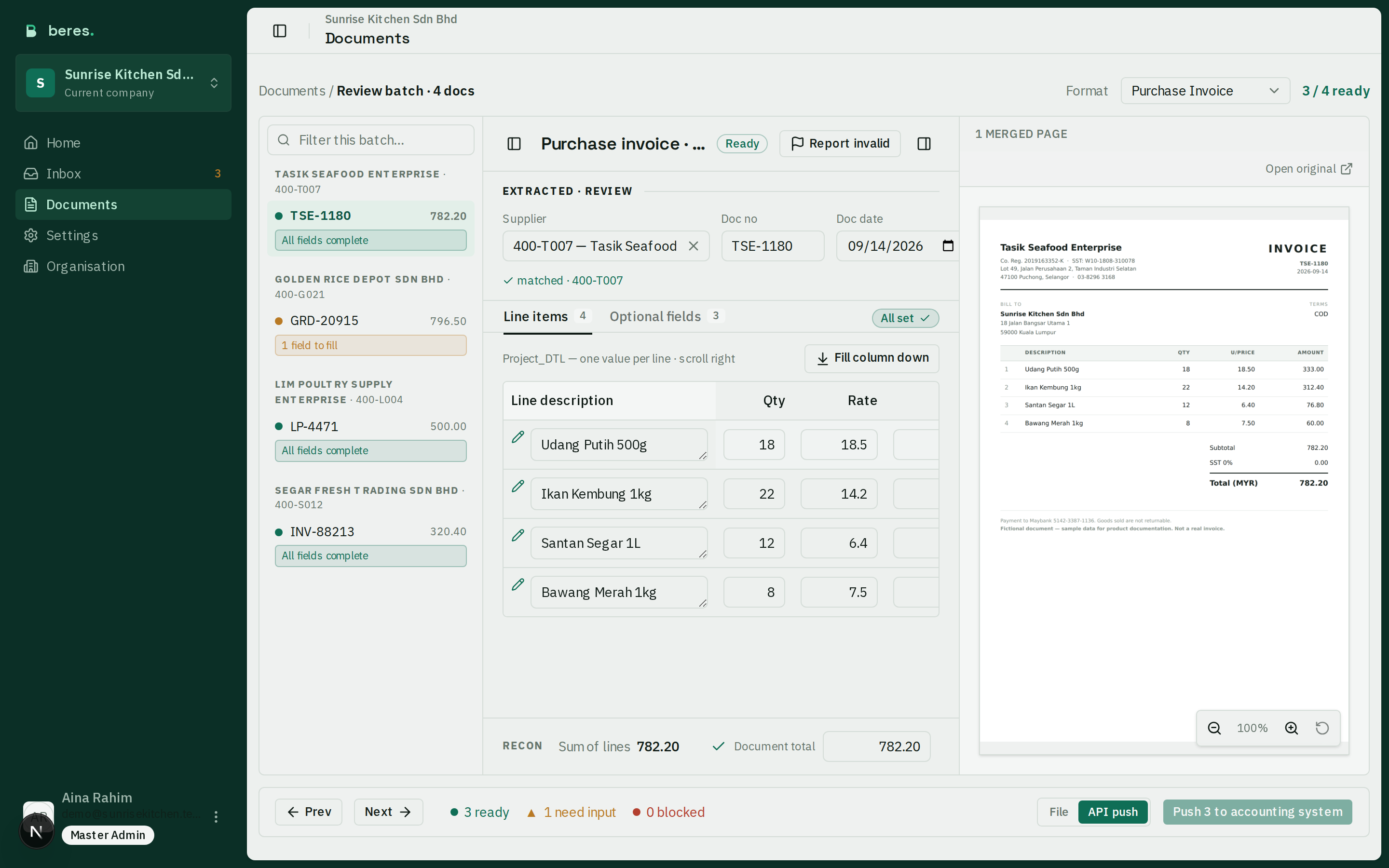 The review workspace: a list of documents on the left, the extracted header and line items in the middle, and the original invoice image on the right.